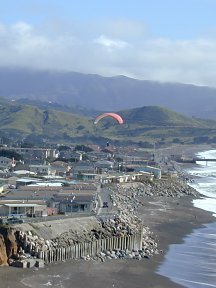 Andrew soars the seawall protecting Pacific Skies Estates mobile homes in Pacifica, CA